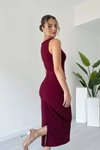 Bordo Midi Sıfır Kol Taşlı Abiye Elbise