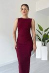 Bordo Midi Sıfır Kol Taşlı Abiye Elbise