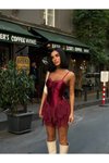 Bordo Mini Premium Dantel Detaylı Askılı Biyeli Şortlu Abiye Elbise