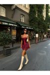 Bordo Mini Premium Dantel Detaylı Askılı Biyeli Şortlu Abiye Elbise