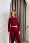 Bordo Parmak Geçmeli Basic Crop İspanyol Paça Tayt İkili Takım