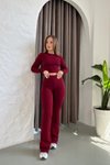 Bordo Parmak Geçmeli Basic Crop İspanyol Paça Tayt İkili Takım