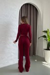 Bordo Parmak Geçmeli Basic Crop İspanyol Paça Tayt İkili Takım