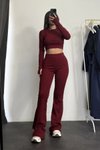 Bordo Parmak Geçmeli Basic Crop İspanyol Paça Tayt İkili Takım