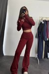 Bordo Parmak Geçmeli Basic Crop İspanyol Paça Tayt İkili Takım