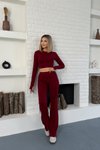 Bordo Parmak Geçmeli Basic Crop Ve İspanyol Paça Tayt İkili Takım