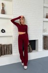 Bordo Parmak Geçmeli Basic Crop Ve İspanyol Paça Tayt İkili Takım