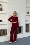 Bordo Parmak Geçmeli Basic Crop Ve İspanyol Paça Tayt İkili Takım