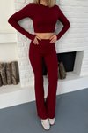 Bordo Parmak Geçmeli Basic Crop Ve İspanyol Paça Tayt İkili Takım