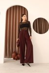 Bordo Pileli Palazzo Kumaş Bol Paça Yüksek Bel Pantolon