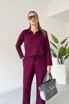 Bordo Polo Yaka Uzun Kollu Modal Kumaş İkili Takım