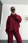 Bordo Şal Detaylı Triko 3lü Üçlü Takım