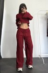 Bordo Ters Dikiş İspanyol Kol Crop Ve Pantolon İkili Takım