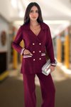 Bordo Triko İkili Ceketli Pantolonlu Set Gri Beyaz Siyah Takım