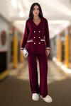 Bordo Triko İkili Ceketli Pantolonlu Set Gri Beyaz Siyah Takım