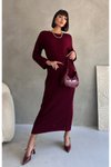 Bordo Uzun File Detaylı Ful Astarlı Ajur Triko Elbise