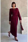 Bordo Uzun File Detaylı Ful Astarlı Ajur Triko Elbise