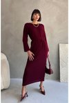 Bordo Uzun File Detaylı Ful Astarlı Ajur Triko Elbise