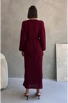 Bordo Uzun File Detaylı Ful Astarlı Ajur Triko Elbise