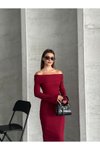 Bordo Uzun Madonna Yaka Pamuklu Elbise
