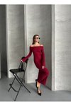 Bordo Uzun Madonna Yaka Pamuklu Elbise