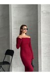 Bordo Uzun Madonna Yaka Pamuklu Elbise