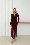 Bordo Uzun Taşlı Önü Burgulu Yırtmaçlı Abiye Elbise