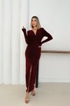 Bordo Uzun Taşlı Önü Burgulu Yırtmaçlı Abiye Elbise