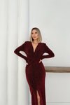 Bordo Uzun Taşlı Önü Burgulu Yırtmaçlı Abiye Elbise