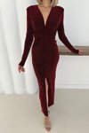 Bordo Uzun Taşlı Önü Burgulu Yırtmaçlı Abiye Elbise