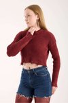 Bordo Yırtıklı Füme Triko Crop Kazak