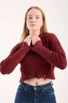 Bordo Yırtıklı Füme Triko Crop Kazak