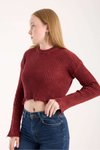 Bordo Yırtıklı Füme Triko Crop Kazak
