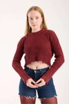 Bordo Yırtıklı Füme Triko Crop Kazak