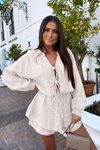 Ekru Mini %100 Pamuk Bağlama Detaylı Kat Müslin Elbise