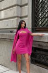 Fuchsia Mini Imported Shimmer Fabric Lined Shoulder Pad Sleeve Detail Evening Dress