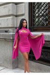 Fushia Mini İthal Simli Kumaş Astarlı Omuz Vatka Kol Detay Abiye Elbise