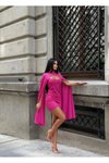 Fushia Mini İthal Simli Kumaş Astarlı Omuz Vatka Kol Detay Abiye Elbise