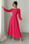 Fuchsia Long Pearl Detail Round Neck Princess Sleeve Waist Cut-out Self-belted Crepe Fabric Dress