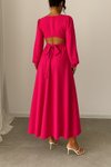 Fuşya Uzun İnci Detay Yuvarlak Yaka Prenses Kol Bel Dekolteli Kendinden Kuşaklı Krep Kumaş Elbise