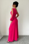 Fuşya Uzun Tek Omuzlu Kollu Yırtmaç Detay Krep Kumaş Abiye Elbise