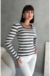 Gri Beyaz Çizgili Uzun Kol Body