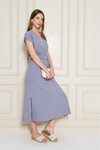 Gri Midi Kruvaze Yaka Cepli Derin Yırtmaçlı Beli Lastikli Aerobin Yazlık Elbise