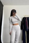 Gri Parmak Geçmeli Basic Crop İspanyol Paça Tayt İkili Takım