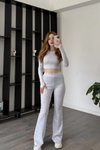 Gri Parmak Geçmeli Tayt Basic Crop İkili Takım