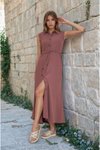 فستان أيروبين طويل بلون وردي مجفف بياقة قميص مع حزام وجيوب جانبية