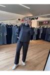 Gümüş Pamuklu Kumaş Relaxed Kesim Pantolon Sweatshirt İkili Tesettür Takım