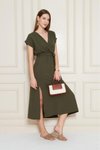 Haki Midi Kruvaze Yaka Cepli Derin Yırtmaçlı Beli Lastikli Aerobin Yazlık Elbise