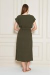 Haki Midi Kruvaze Yaka Cepli Derin Yırtmaçlı Beli Lastikli Aerobin Yazlık Elbise