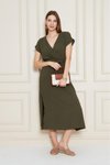 Haki Midi Kruvaze Yaka Cepli Derin Yırtmaçlı Beli Lastikli Aerobin Yazlık Elbise